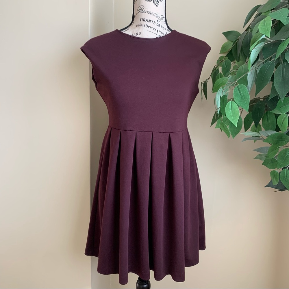 Zara Pleated Cap Sleeve Empire Waist Mini Dress Brown Sz S